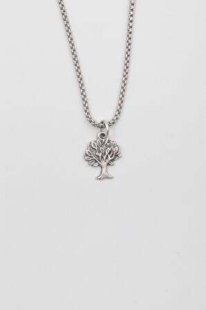 Hayat Ağacı Örme Zincir Kolye - Antik Gümüş Kaplama - Kadın Erkek - 60 cm