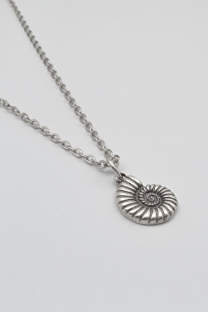 Spiral Deniz Kabuğu Düz Ezme Zincir Kolye - Antik Gümüş Kaplama - Kadın Erkek - 60 cm