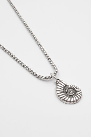 Spiral Deniz Kabuğu Örme Zincir Kolye - Antik Gümüş Kaplama - Kadın Erkek - 60 cm