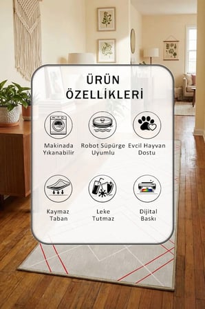 Velvet Kırmızı Çizgili Dijital Baskılı Kaymaz Yıkanabilir Yolluk - Leke Tutmaz Kırmızı