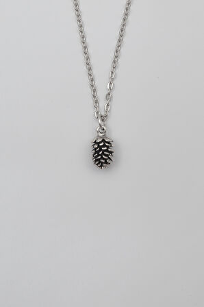 Çam Kozalağı Düz Ezme Zincir Kolye - Antik Gümüş Kaplama - Kadın Erkek - 60 cm