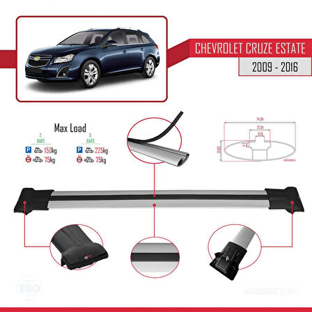 Chevrolet Cruze (J300) 2009-2016 Arası ile Uyumlu FLY Model Ara Atkı Tavan Barı Gri 2 Adet