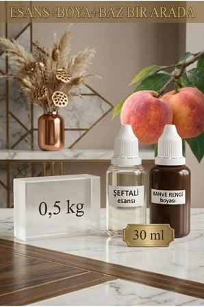 Şeftali Esanslı Kahverengi Boyalı Şeffaf Sabun Bazı Seti 30ml Esans 30ml Boya 500gr Baz