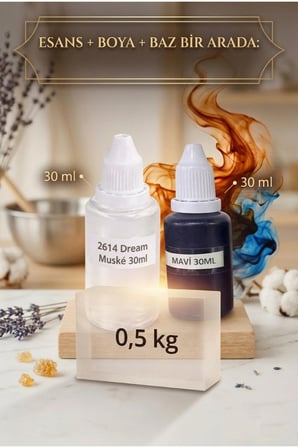 Dream Muske Esanslı Mavi Boyalı Şeffaf Sabun Bazı Seti 30ml Esans 30ml Boya 500gr Baz