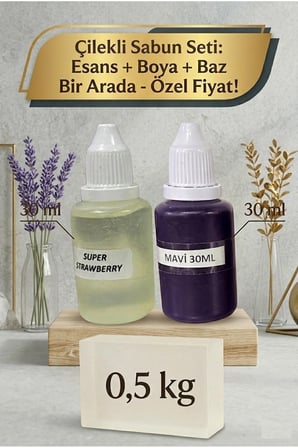 Super Strawberry Esanslı Mavi Boyalı Şeffaf Sabun Bazı Seti 30ml Esans 30ml Boya 500gr Baz