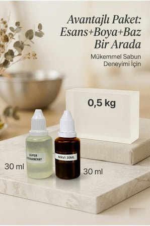 Super Strawberry Esanslı Mavi Boyalı Şeffaf Sabun Bazı Seti 30ml Esans 30ml Boya 500gr Baz
