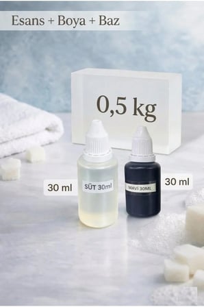 Süt Esanslı Mavi Boyalı Şeffaf Sabun Bazı Seti 30ml Esans 30ml Boya 500gr Baz