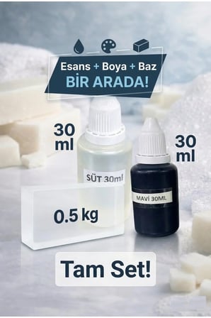 Süt Esanslı Mavi Boyalı Şeffaf Sabun Bazı Seti 30ml Esans 30ml Boya 500gr Baz