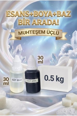 Süt Esanslı Mavi Boyalı Şeffaf Sabun Bazı Seti 30ml Esans 30ml Boya 500gr Baz