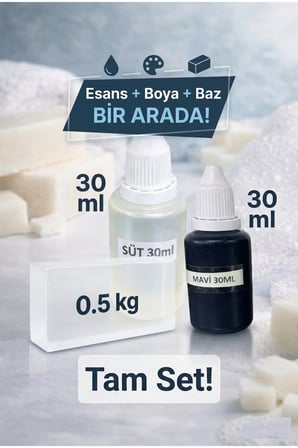 Süt Esanslı Mavi Boyalı Şeffaf Sabun Bazı Seti 30ml Esans 30ml Boya 500gr Baz