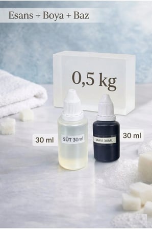 Süt Esanslı Mavi Boyalı Şeffaf Sabun Bazı Seti 30ml Esans 30ml Boya 500gr Baz
