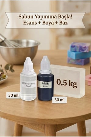 Blue Soap Esanslı Mor Boyalı Şeffaf Sabun Bazı Seti 30ml Esans 30ml Boya 500gr Baz