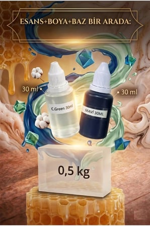 C.Green Esanslı Mavi Boyalı Şeffaf Sabun Bazı Seti 30ml Esans 30ml Boya 500gr Baz