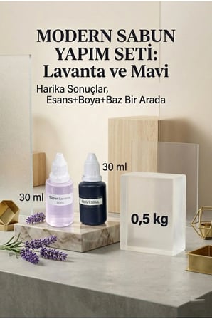 Lavanta Esanslı Mavi Boyalı Şeffaf Sabun Bazı Seti 30ml Esans 30ml Boya 500gr Baz