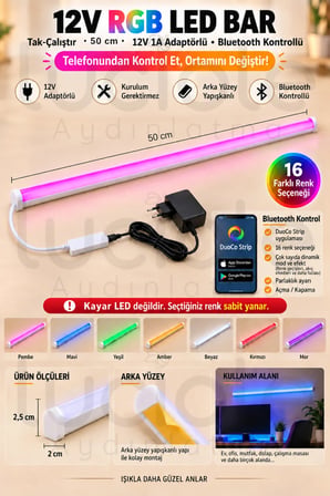 Luciole 50 CM ColorBar RGB LED Bar 12V 12W Bluetooth Smart Telefon Kontrollü Adaptörlü Yapışkanlı Aydınlatma