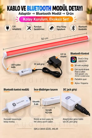 Luciole 50 CM ColorBar RGB LED Bar 12V 12W Bluetooth Smart Telefon Kontrollü Adaptörlü Yapışkanlı Aydınlatma