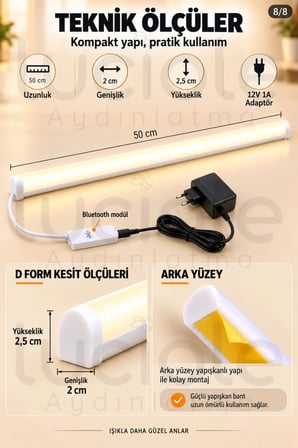 Luciole 50 CM ColorBar RGB LED Bar 12V 12W Bluetooth Smart Telefon Kontrollü Adaptörlü Yapışkanlı Aydınlatma