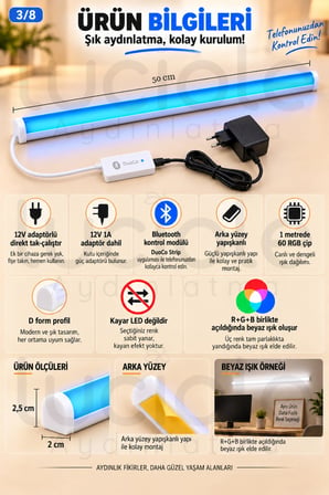 Luciole 50 CM ColorBar RGB LED Bar 12V 12W Bluetooth Smart Telefon Kontrollü Adaptörlü Yapışkanlı Aydınlatma