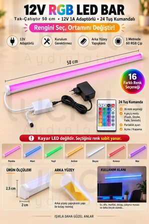 Luciole 50 CM ColorBar RGB LED Bar 12V 12W 24 Tuş Kumandalı Adaptörlü Yapışkanlı Aydınlatma