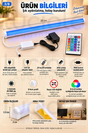 Luciole 50 CM ColorBar RGB LED Bar 12V 12W 24 Tuş Kumandalı Adaptörlü Yapışkanlı Aydınlatma