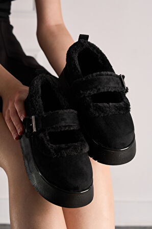 Günlük Kadın Babet Süet Kalın Tırtıklı Taban Kemer Detaylı Oval Burunlu Ayarlanabilir Tokalı 500H  