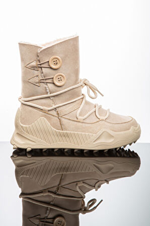 Kadın Günlük Nubuk Deri Kar Bot Bootie Postal İçi Kürklü Düğmeli ve Bağcıklı Kaymaz Taban 501