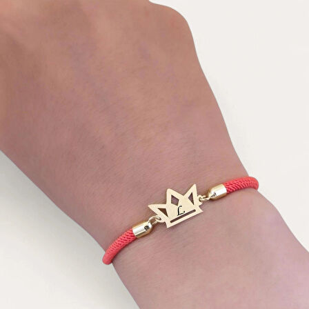 L Harfine Özel 14 Ayar Altın Plakalı Turuncu İpek Örgülü Taç Motifli Hediye Bileklik-501harf