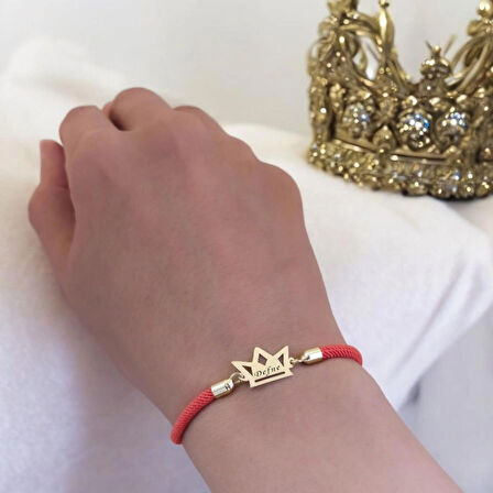 Defne İsmine Özel Taç Motifli 14 Ayar Altın Plakalı Turuncu İpek Örgülü Hediye Bileklik-501isim