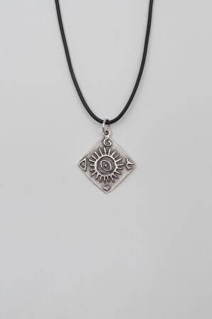 Güneş ve Göz Sembollü Siyah Deri İp Kolye - Antik Gümüş Kaplama - Kadın Erkek - 60 cm