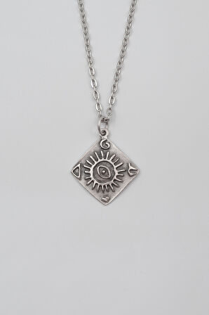 Güneş ve Göz Sembollü Düz Ezme Zincir Kolye - Antik Gümüş Kaplama - Kadın Erkek - 60 cm