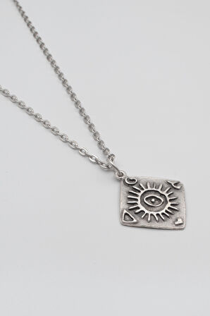 Güneş ve Göz Sembollü Düz Ezme Zincir Kolye - Antik Gümüş Kaplama - Kadın Erkek - 60 cm