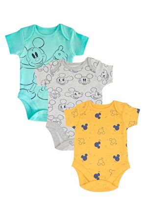 Erkek Bebek %100 Pamuk Disney Mickey Mouse Desenli Çok Renkli Kısa Kollu 3'lü Bodysuit Seti