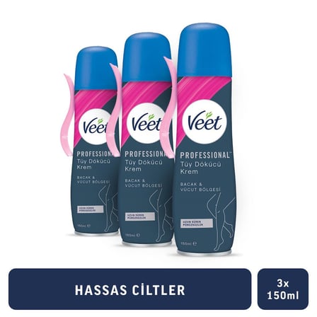  Veet Professional Tüy Dökücü Krem Sprey Bacak&Vücut Bölgesi Hassas Ciltler 150ml x3
