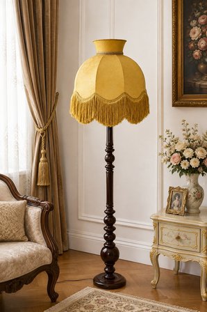 Gold Kadife Başlık Koyu Ceviz Ahşap Ayaklı Lambader Vintage Model 170x50cm