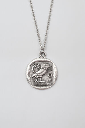 Yunan Mitolojisi Baykuş Düz Ezme Zincir Kolye - Antik Gümüş Kaplama - Kadın Erkek - 60 cm
