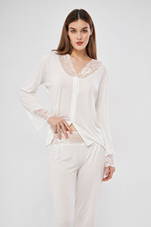 Ekru 6'lı Penye Gecelik Sabahlık Pijama Takım Şort Takım Gelin Çeyiz Seti - M