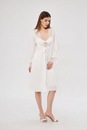 Ekru 6'lı Penye Gecelik Sabahlık Pijama Takım Şort Takım Gelin Çeyiz Seti - M