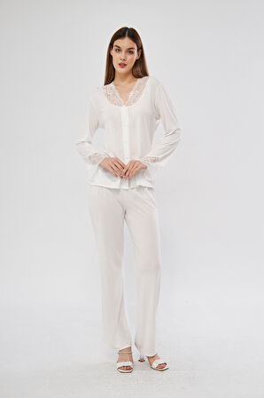 Ekru 6'lı Penye Gecelik Sabahlık Pijama Takım Şort Takım Gelin Çeyiz Seti - L