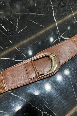 MFR5013 Kadın Gold Tokalı Esnek Lastikli Suni Deri Detaylı Geniş Kemer