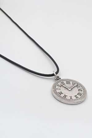 Antika Saat Siyah Deri İp Kolye - Antik Gümüş Kaplama - Kadın Erkek - 60 cm