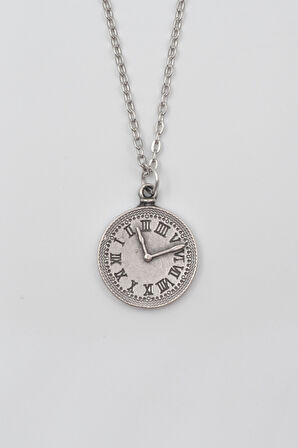 Antika Saat Düz Ezme Zincir Kolye - Antik Gümüş Kaplama - Kadın Erkek - 60 cm
