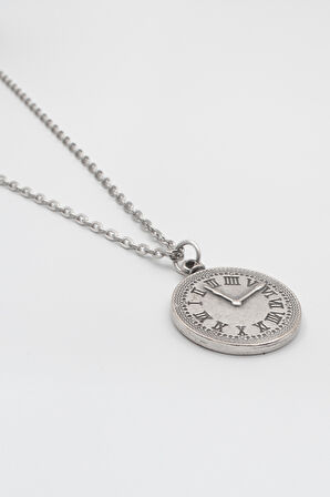 Antika Saat Düz Ezme Zincir Kolye - Antik Gümüş Kaplama - Kadın Erkek - 60 cm