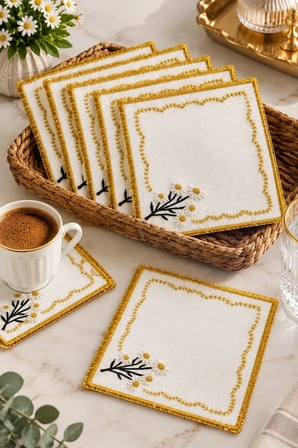 6 Adet Nakışlı Kahve Yanı Sunum Peçetesi 15x15 cm Kokteyl Peçetesi, Bardak Altlığı, Çeyizlik
