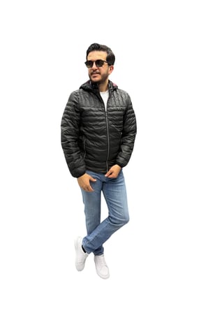 Erkek Kapitone Çizgili Desenli Kapüşonlu Slim Fit Şişme Casual Mont