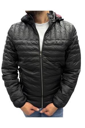 Erkek Kapitone Çizgili Desenli Kapüşonlu Slim Fit Şişme Casual Mont
