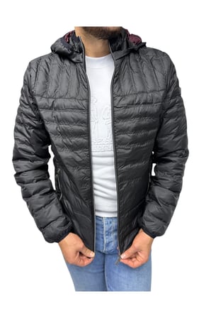 Erkek Kapitone Çizgili Desenli Kapüşonlu Slim Fit Şişme Casual Mont