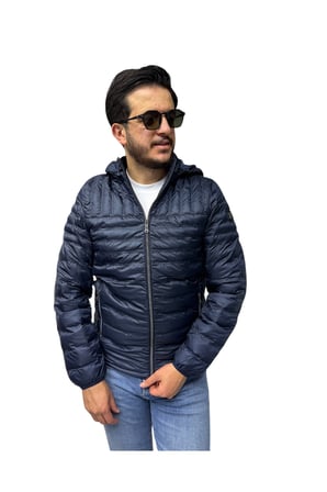 Erkek Kapitone Çizgili Desenli Kapüşonlu Slim Fit Şişme Casual Mont
