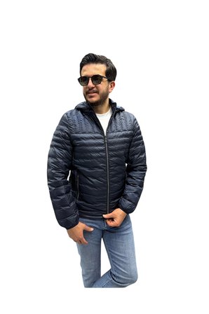 Erkek Kapitone Çizgili Desenli Kapüşonlu Slim Fit Şişme Casual Mont