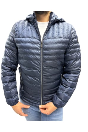 Erkek Kapitone Çizgili Desenli Kapüşonlu Slim Fit Şişme Casual Mont