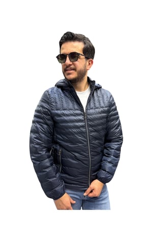 Erkek Kapitone Çizgili Desenli Kapüşonlu Slim Fit Şişme Casual Mont